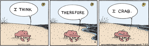 A crab on the beach: "I think. Therefore, I crab."