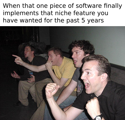 When that one piece of software finally implements that niche feature you have wanted for the past 5 years (picture below of four guys on a sofa celebrating and pointing towards a screen outside of the image)